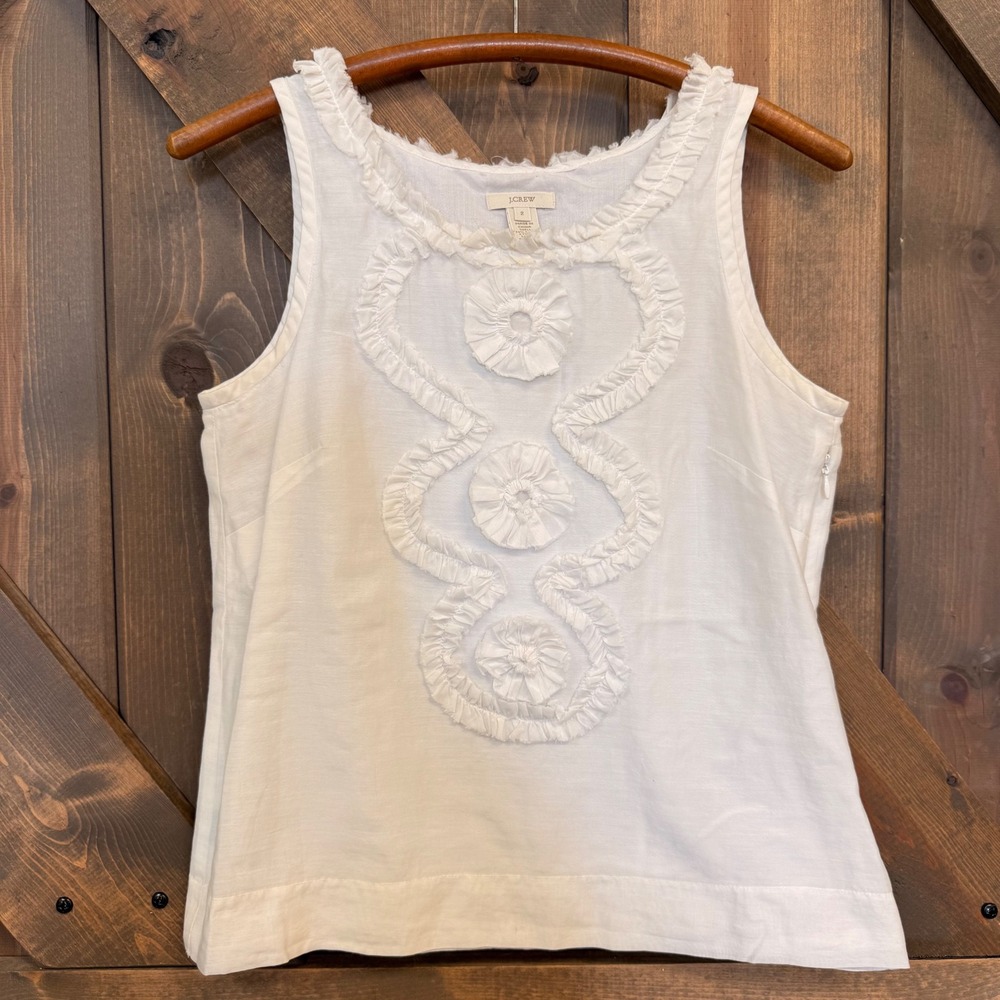 J.Crew Tank Top Womens 2 White Good Silk Cotton Ruffle Rosette Sleeveless 15820